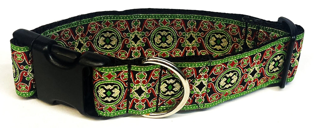 Black with Green, Red, and Gold Elegant Pattern Dog Collar 1 1/2 in