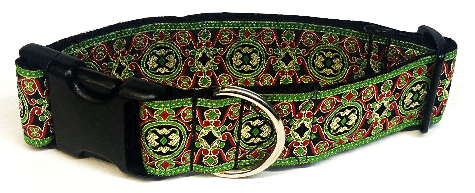 Black with Green, Red, and Gold Elegant Pattern Dog Collar 1 1/2 in