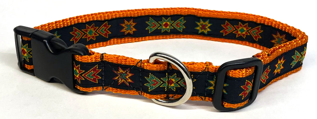 Black with Green, Red, and Yellow Geometric Star Dog Collar 1in