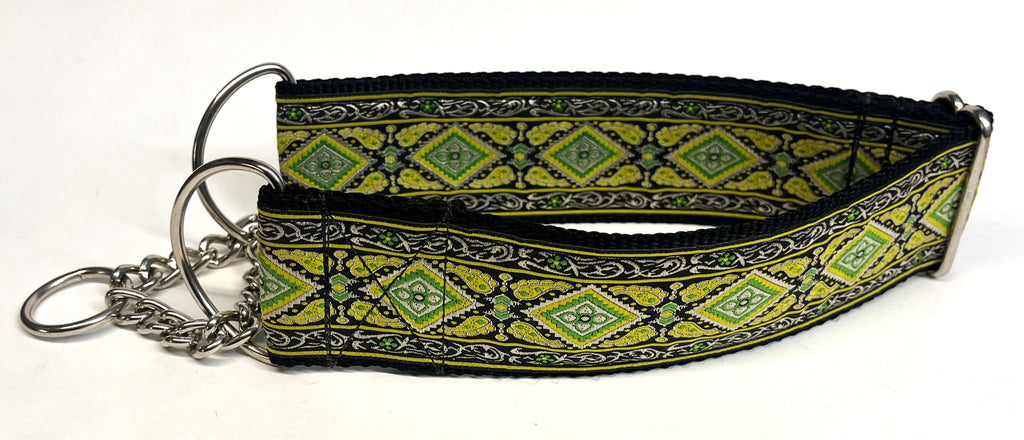 Black with Green and White Border and Green Diamond Pattern Chain Martingale Collar 2in