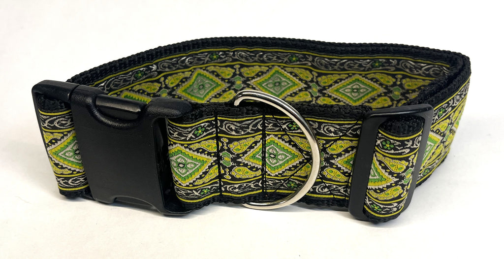 Black with Green and White Border and Green Diamond Pattern Dog Collar 2in