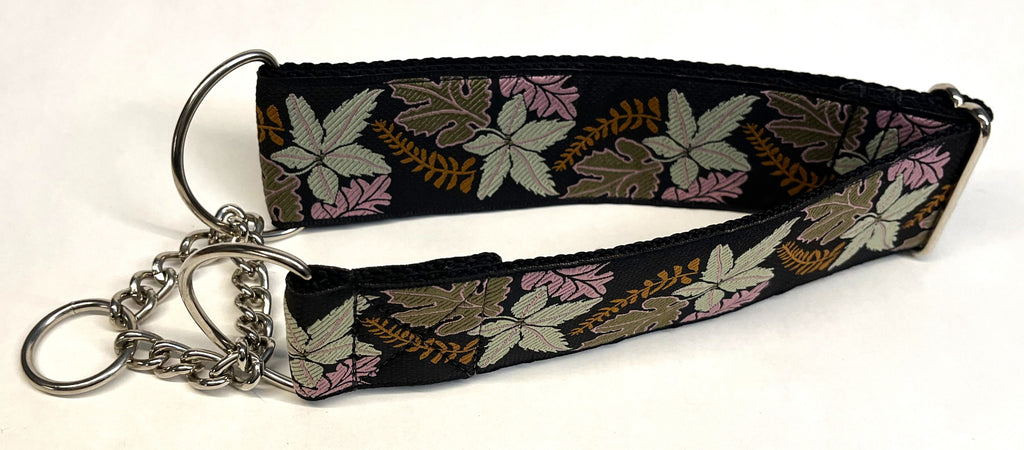 Black with Lavender, Olive, Orange, and White Leaves Chain Martingale Collar 2in