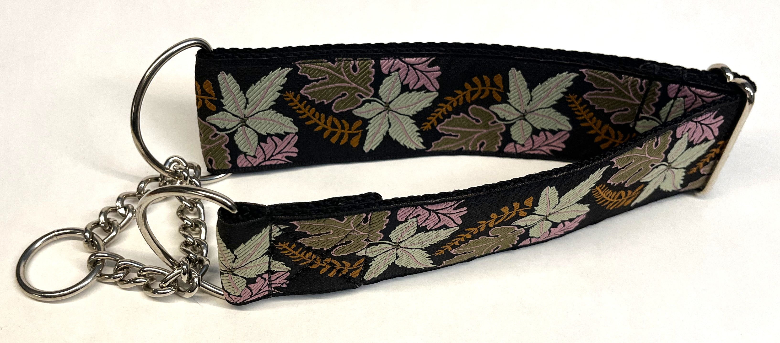 Black with Lavender, Olive, Orange, and White Leaves Chain Martingale Collar 2in
