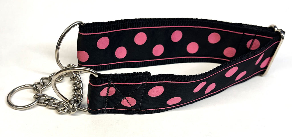 Black with Pink Dots Chain Martingale Collar 2in