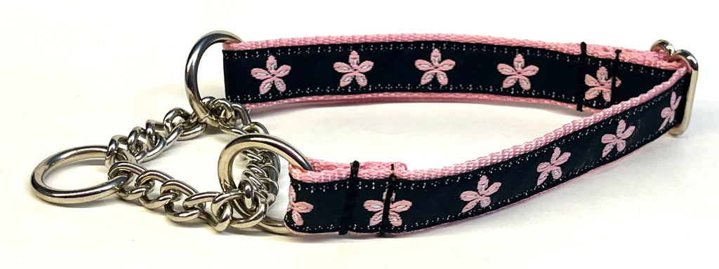 Black with Light Pink Flowers Chain Martingale Collar 3/4