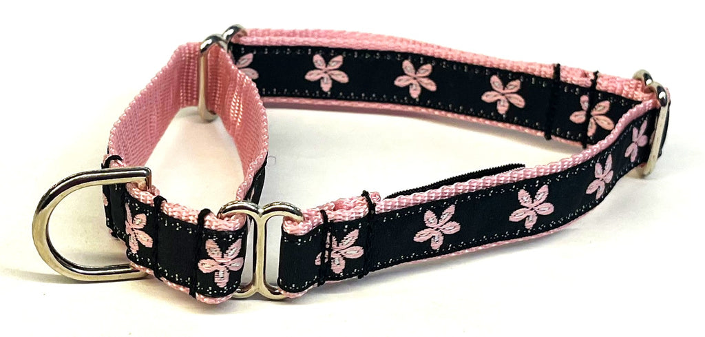 Black with Light Pink Flowers Martingale Collar 3/4