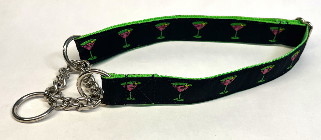 Black with Martini Glasses Chain Martingale Collar 1in