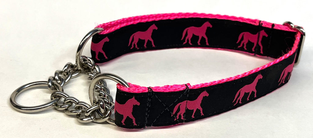 Black with Pink Horses Chain Martingale Collar 1in
