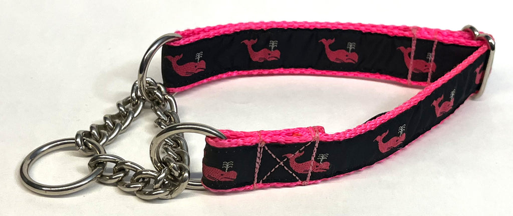 Black with Pink Whales Chain Martingale Collar 1in