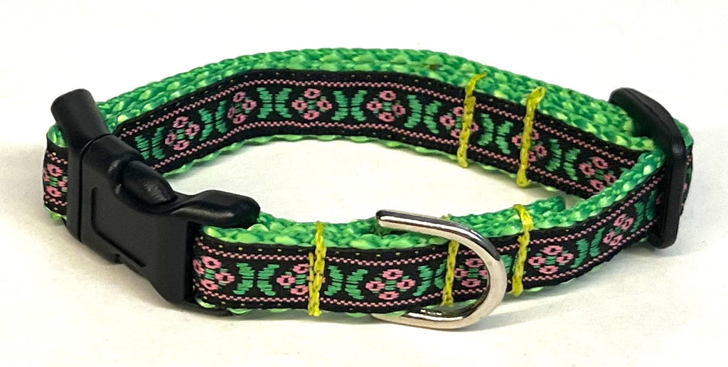 Black with Pink & Green Floral Dog Collar 1/2