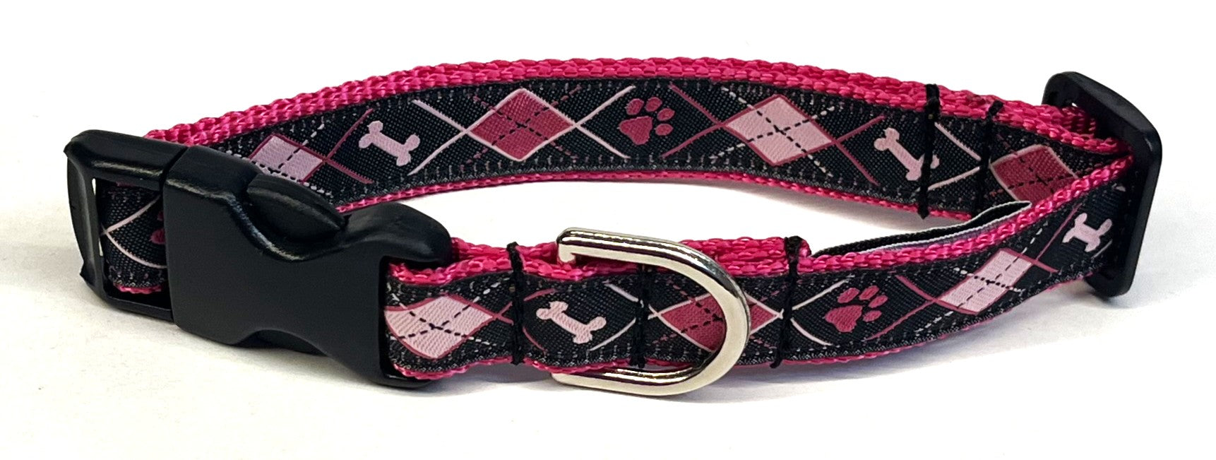 Black with Pink and Light Pink Argyle Design with Bones and Paws Dog Collar 3/4