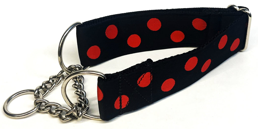 Black with Red Dots Chain Martingale Collar 1 1/2 in