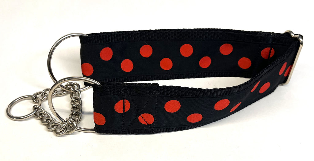 Black with Red Dots Chain Martingale Collar 2in