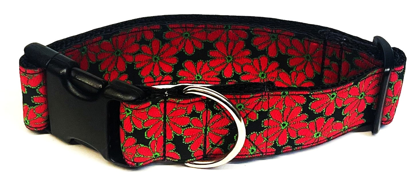 Black with Red Flowers Dog Collar 1 1/2 in