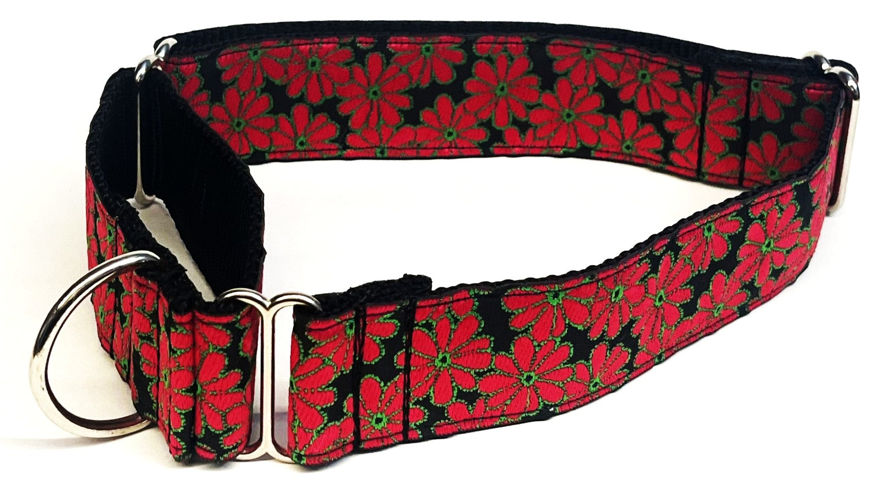 Black with Red Flowers Martingale Collar 1 1/2 in