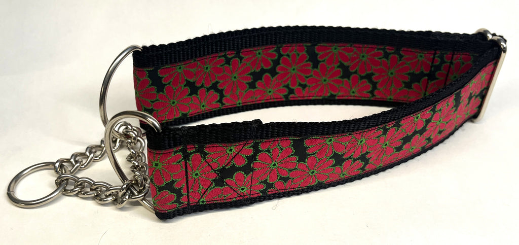 Black with Red Flowers and Green Outline Chain Martingale Collar 2in