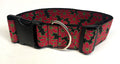 Black with Red Flowers and Green Outline Dog Collar 2in