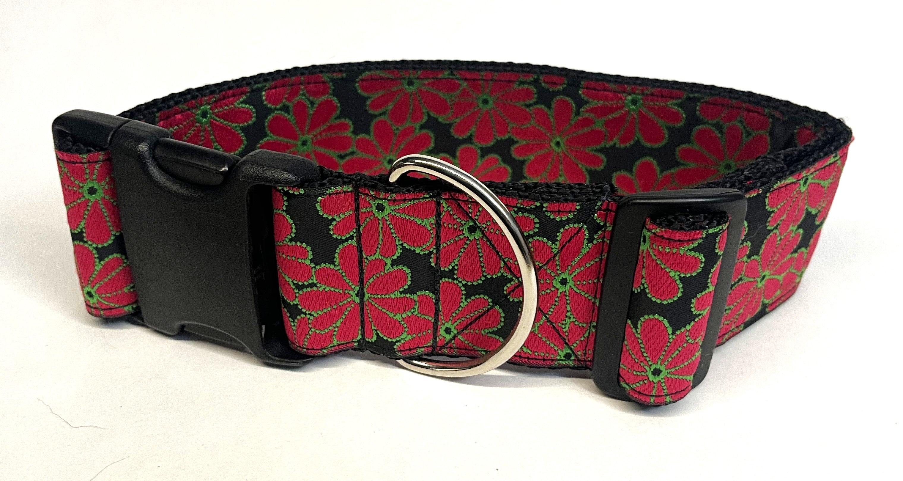 Black with Red Flowers and Green Outline Dog Collar 2in