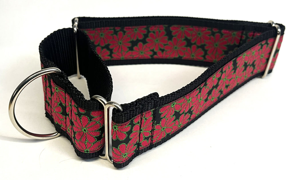 Black with Red Flowers and Green Outline Martingale Collar 2in