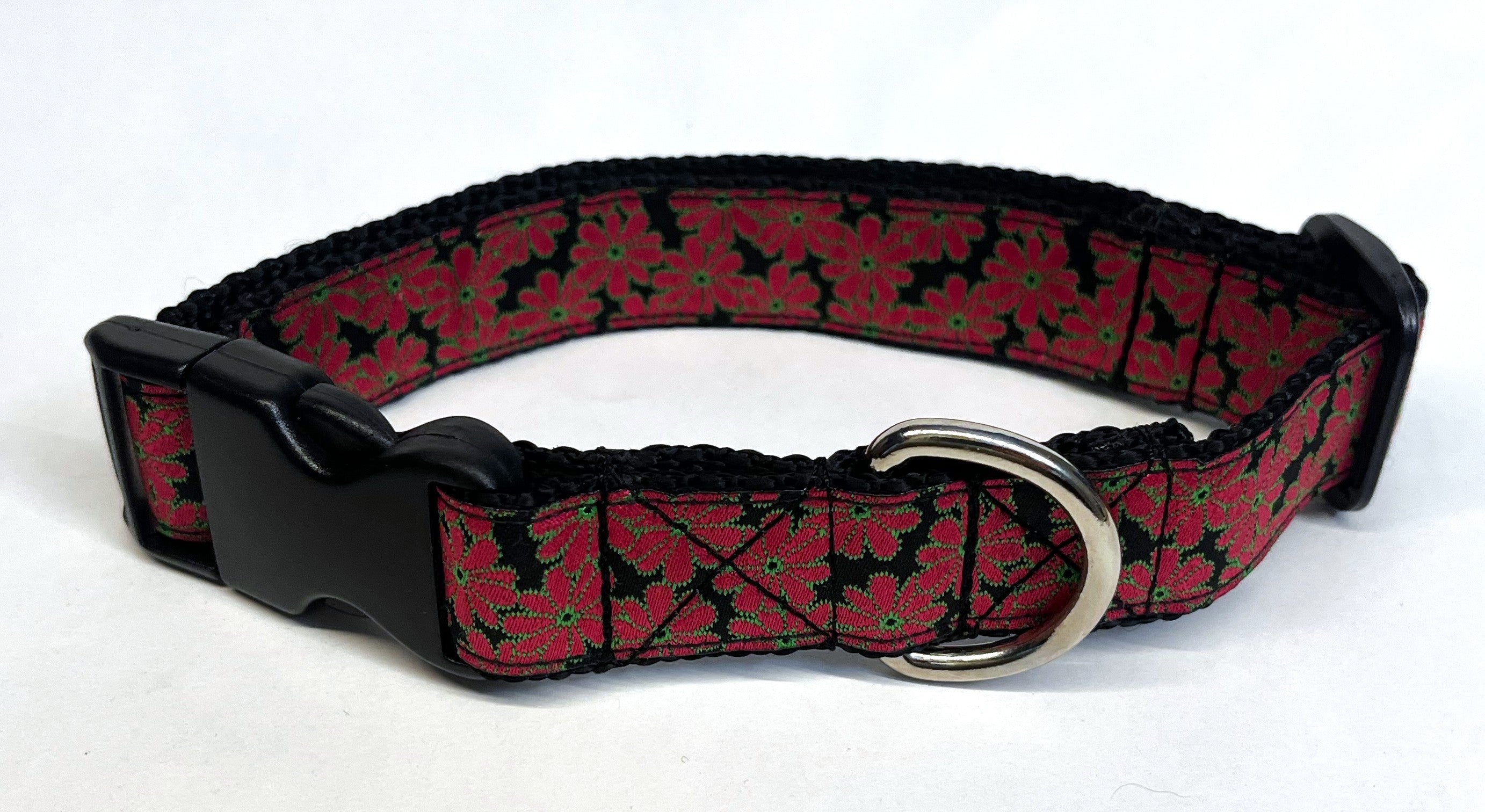 Black with Red Flowers Dog Collar 1in