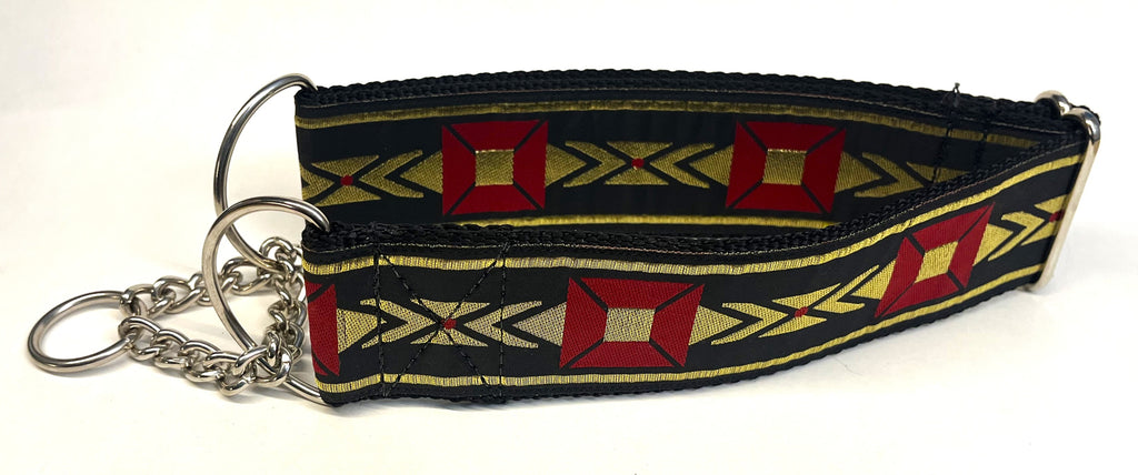 Black with Red Square and Gold Design Chain Martingale Collar 2in