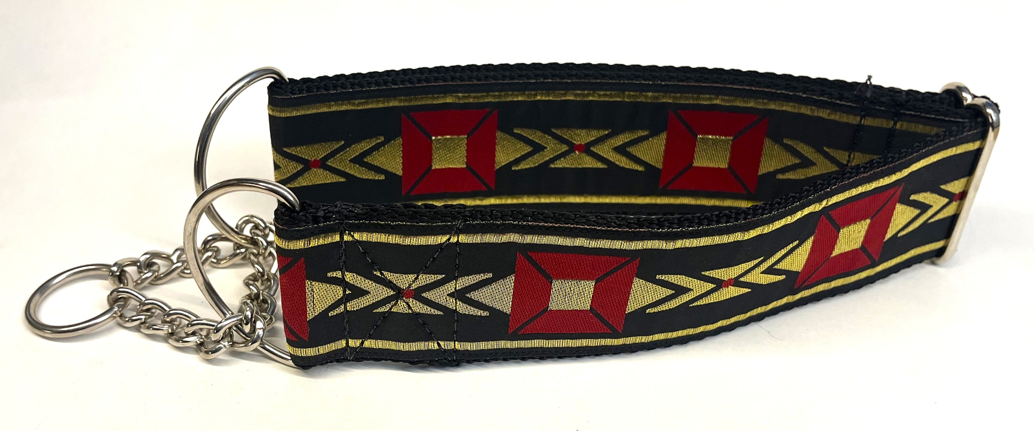 Black with Red Square and Gold Design Chain Martingale Collar 2in