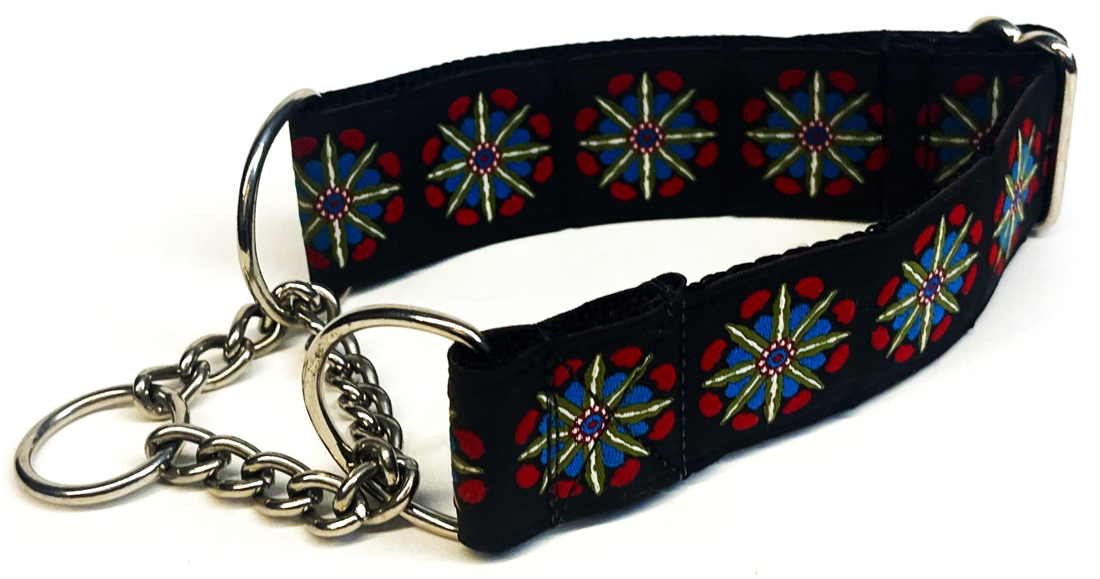 Black with Red, Blue, and Green Medallion Chain Martingale Collar 1 1/2 in