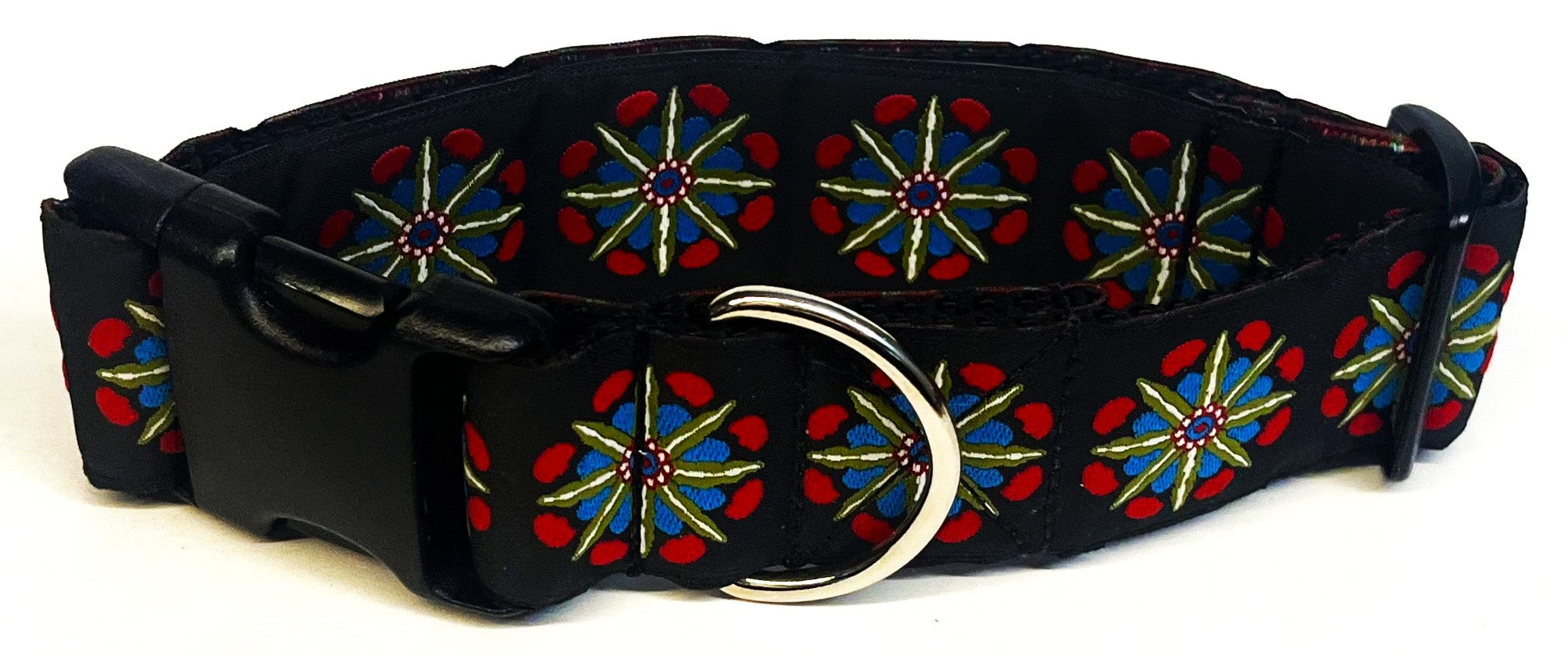 Black with Red, Blue, and Green Medallion Dog Collar 1 1/2 in