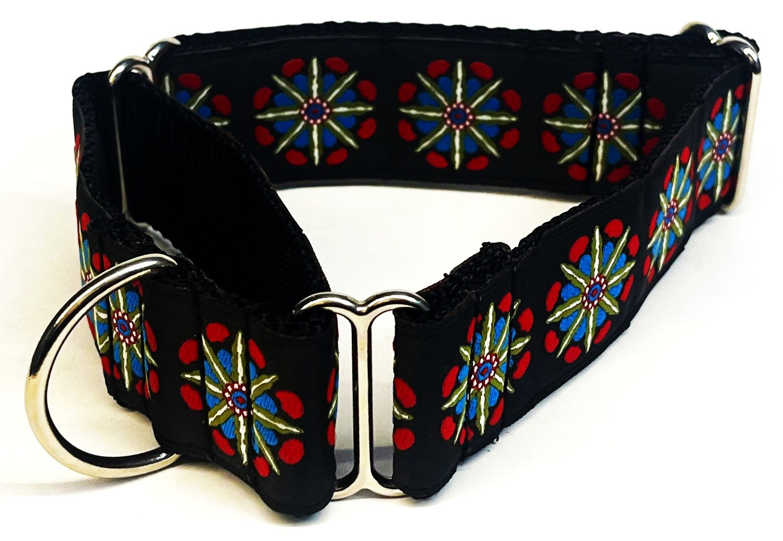 Black with Red, Blue, and Green Medallion Martingale Collar 1 1/2 in