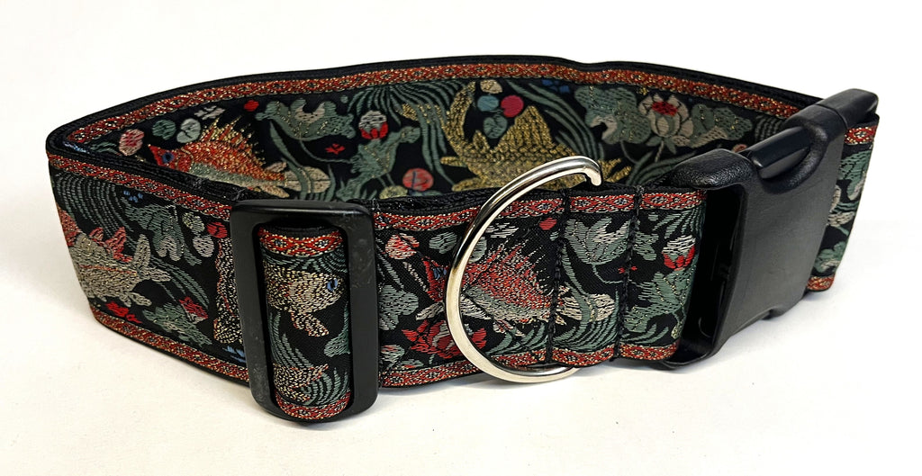 Black with Red, Gold, and Green Koi Fish Dog Collar 2in