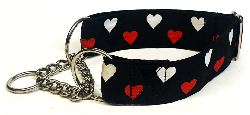 Black with Red and White Hearts Chain Martingale Collar 1 1/2 in