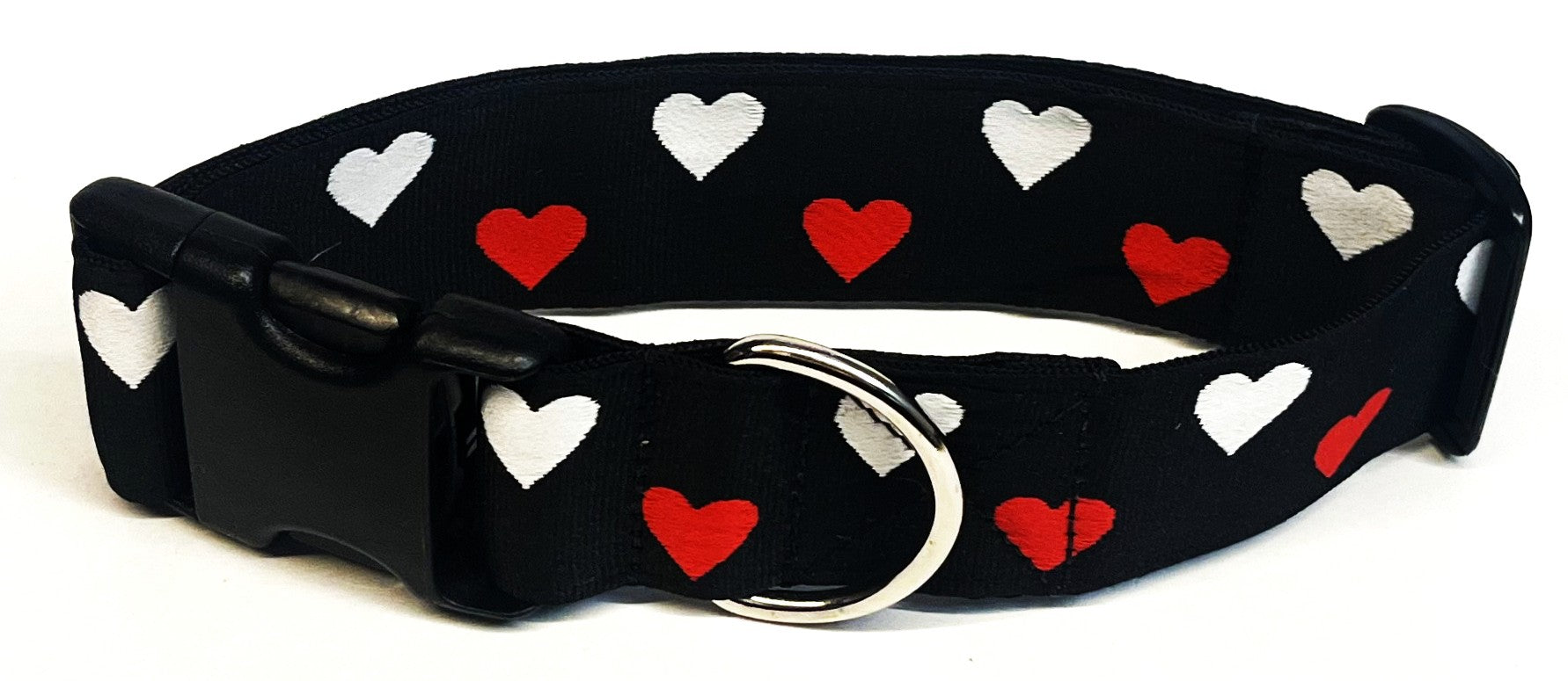 Black with Red and White Hearts Dog Collar 1 1/2 in