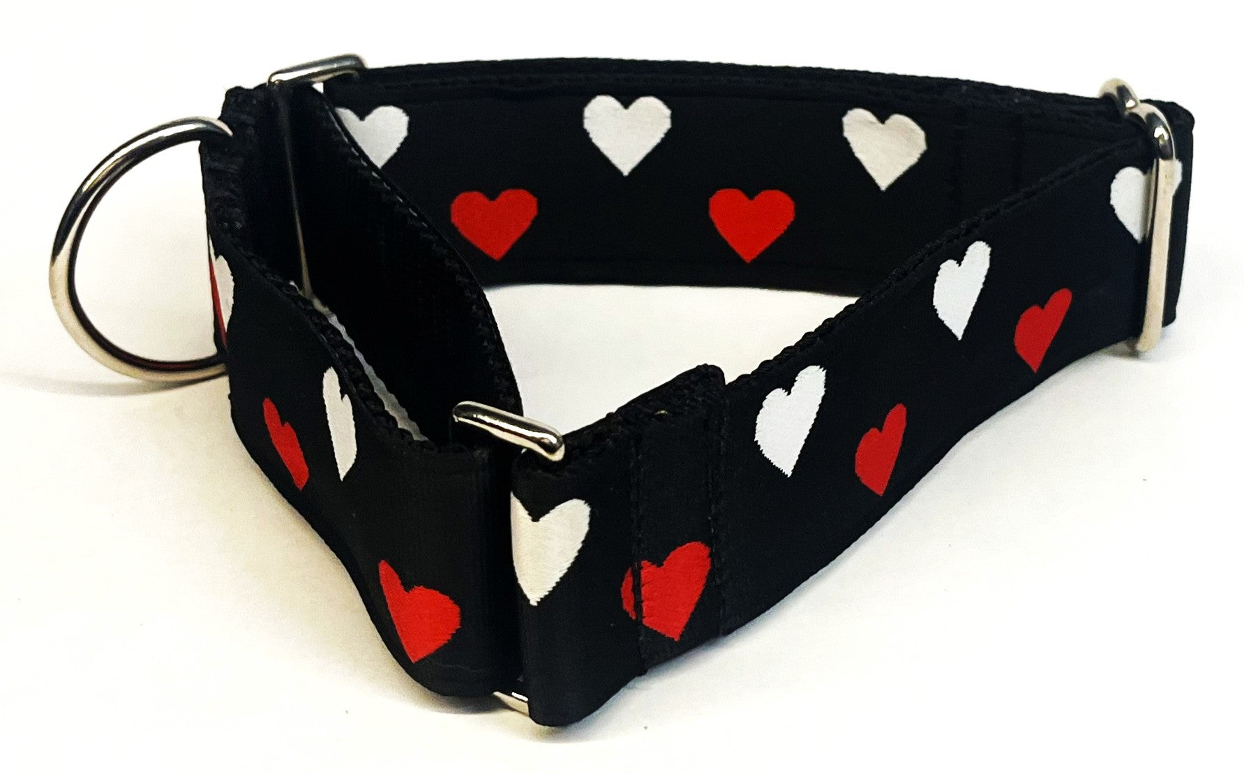 Black with Red and White Hearts Martingale Collar 1 1/2 in