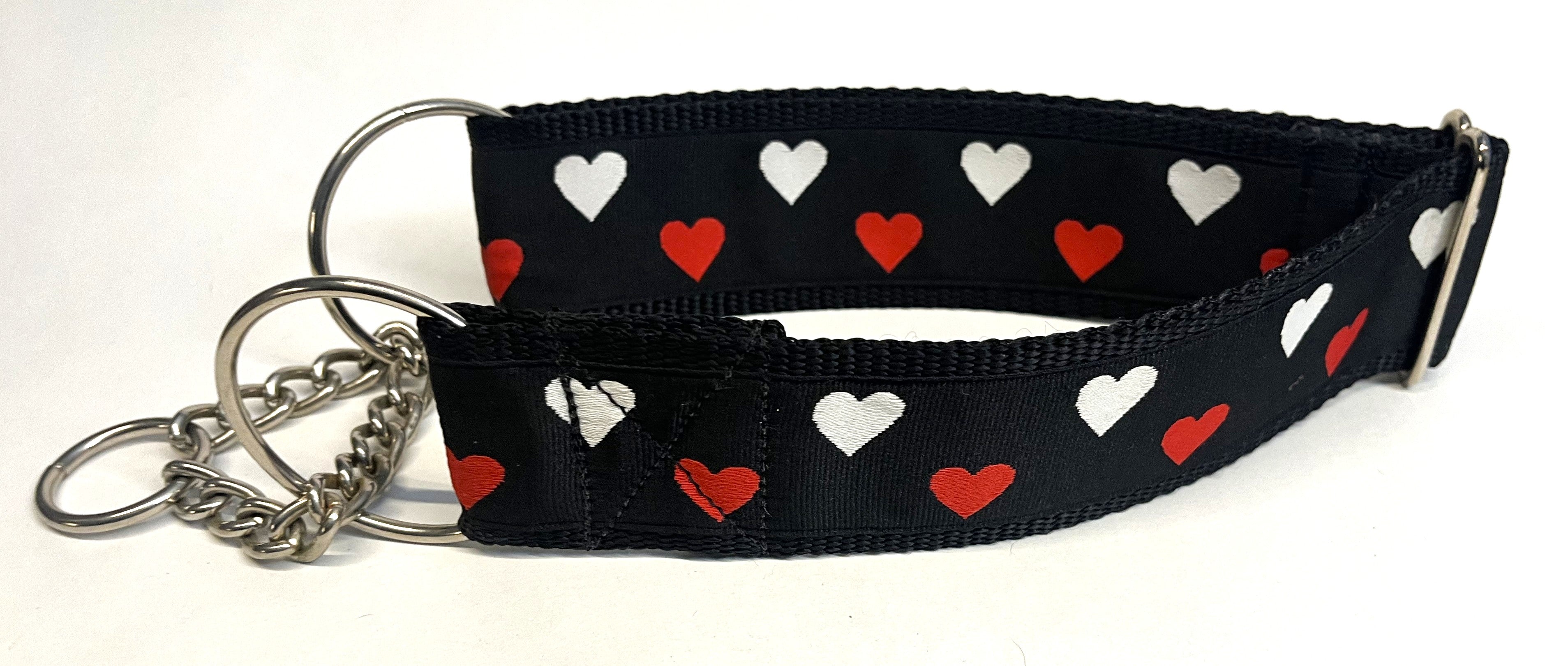 Black with Red and White Hearts Chain Martingale Collar 2in