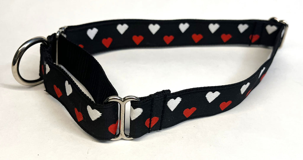 Black with Red and White Hearts Martingale Collar 1in