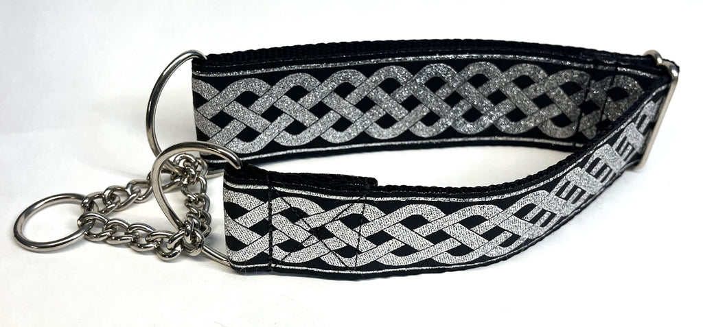 Black with Silver Celtic Weave Chain Martingale Collar 2in