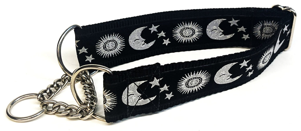 Black with Silver Moon, Stars, and Sun Chain Martingale Collar 1 1/2 in