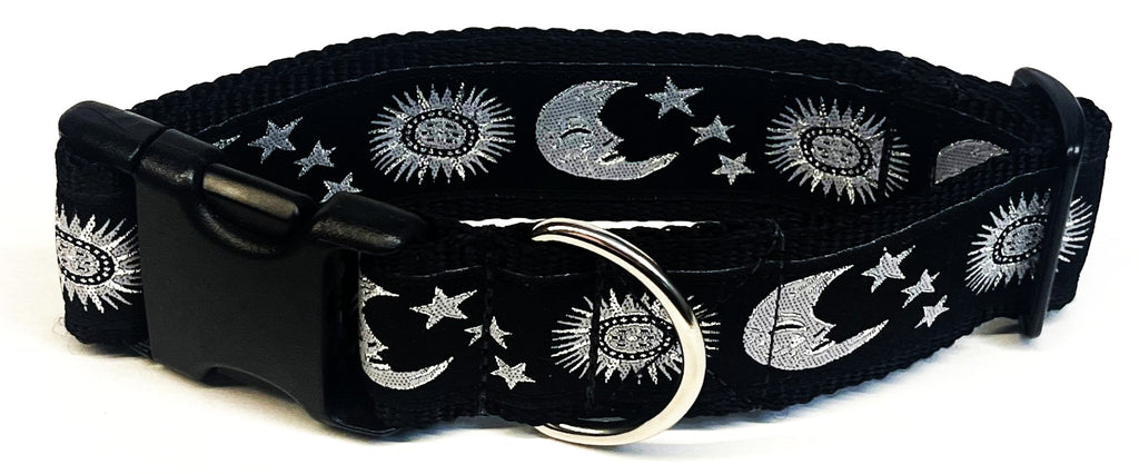 Black with Silver Moon, Stars, and Sun Dog Collar 1 1/2 in