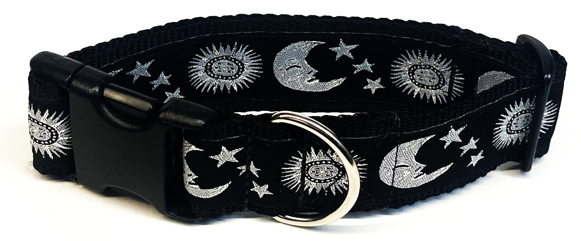 Black with Silver Moon, Stars, and Sun Dog Collar 1 1/2 in