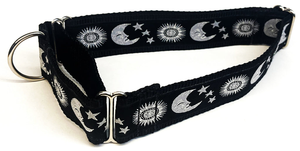 Black with Silver Moon, Stars, and Sun Martingale Collar 1 1/2 in