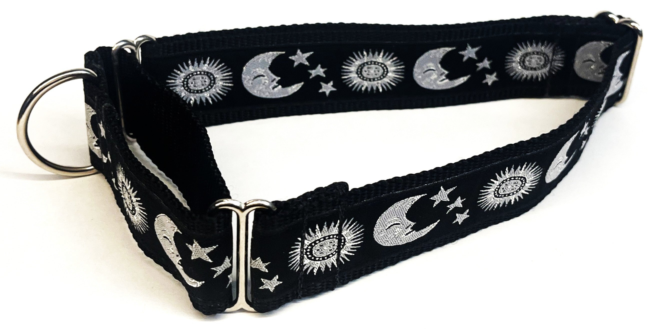 Black with Silver Moon, Stars, and Sun Martingale Collar 1 1/2 in