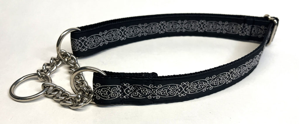 Black with Silver Oval Design Chain Martingale Collar 1in