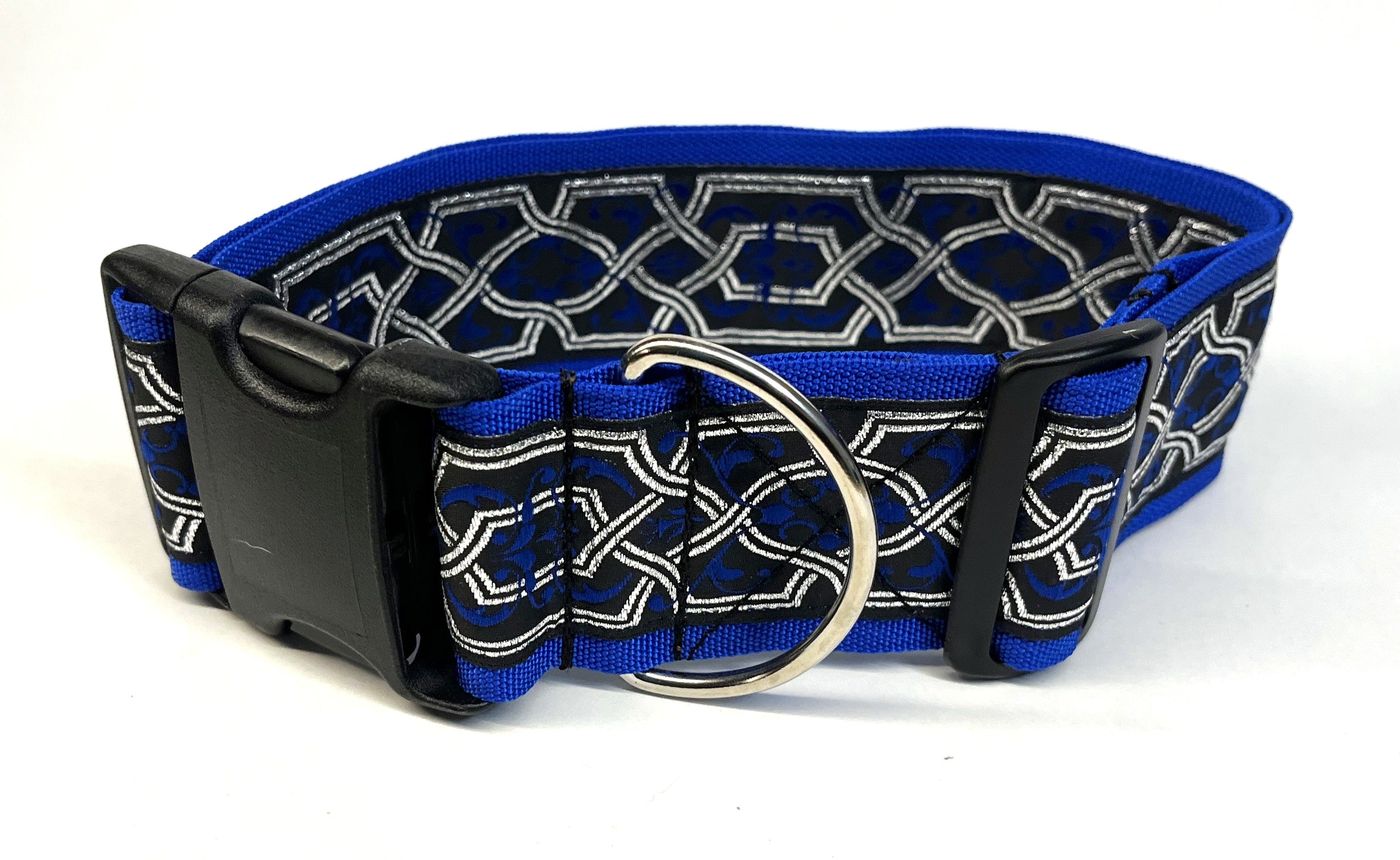 Black with Silver, Blue Geometric and Vine Design Dog Collar 2in