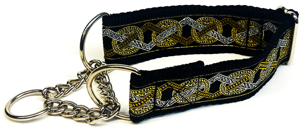 Black with Silver, Gold, and Bronze Circle and Diamond Chain Martingale Collar 1 1/2 in