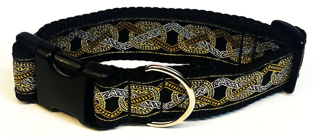Black with Silver, Gold, and Bronze Circle and Diamond Dog Collar 1 1/2 in