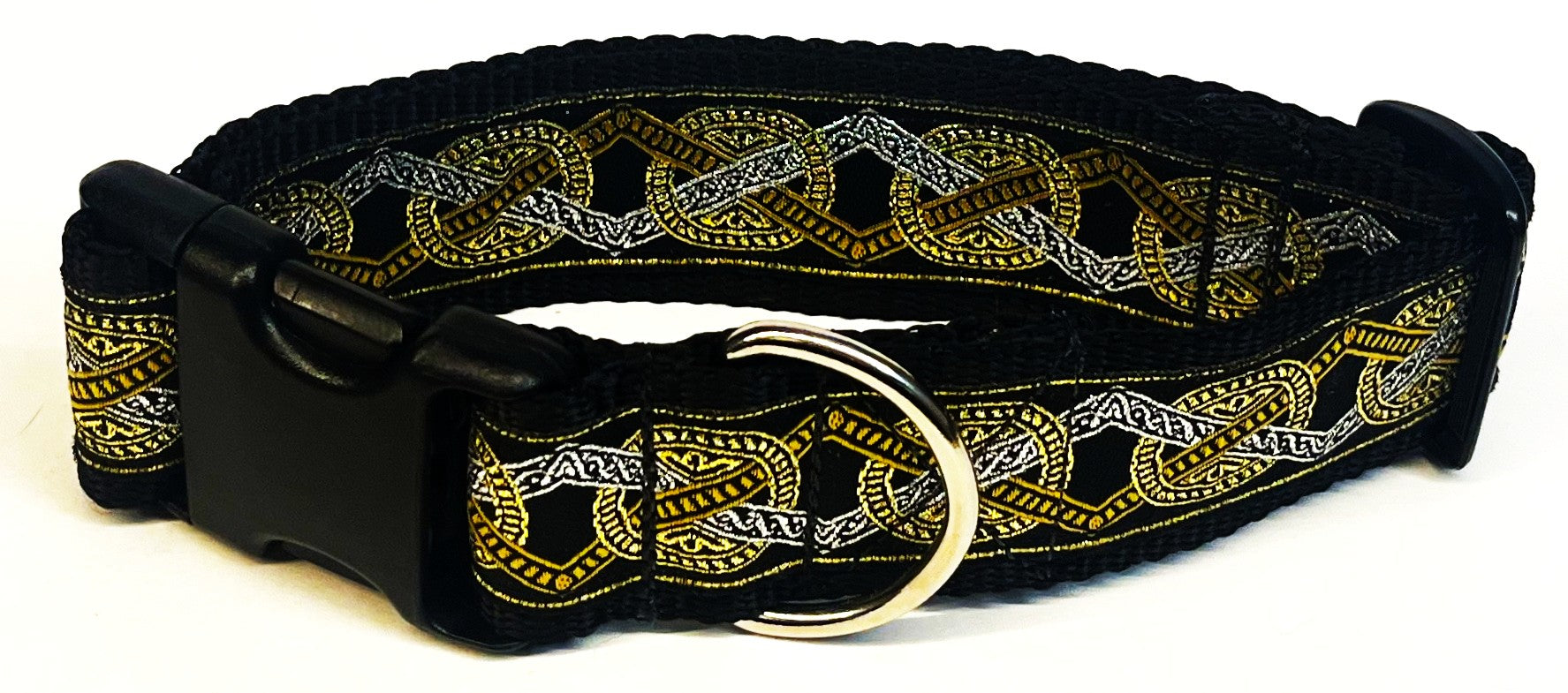 Black with Silver, Gold, and Bronze Circle and Diamond Dog Collar 1 1/2 in