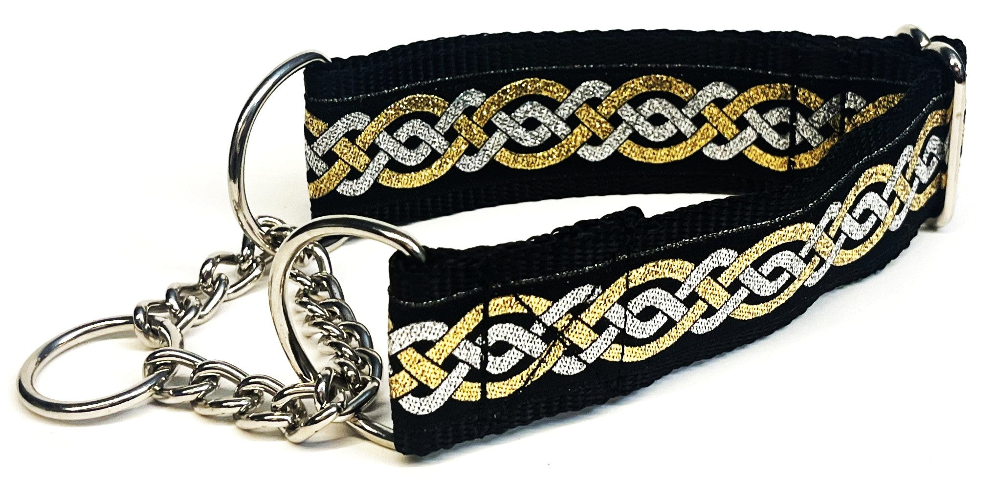 Black with Silver and Gold Celtic Weave Chain Martingale Collar 1 1/2 in