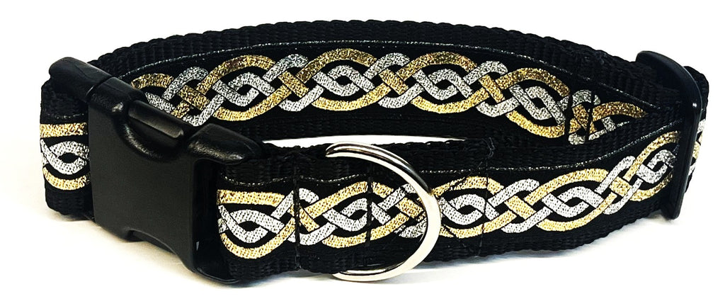 Black with Silver and Gold Celtic Weave Dog Collar 1 1/2 in