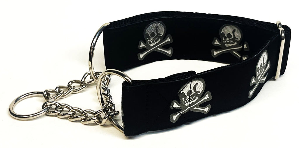 Black with Silver Skull and Crossbones Chain Martingale Collar 1 1/2 in