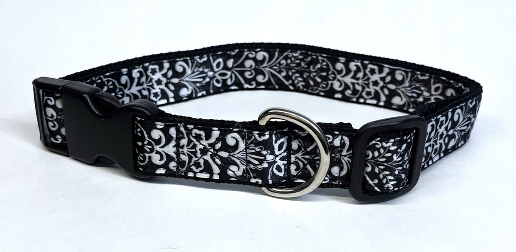 Black with White Leaf Pattern Dog Collar 1in